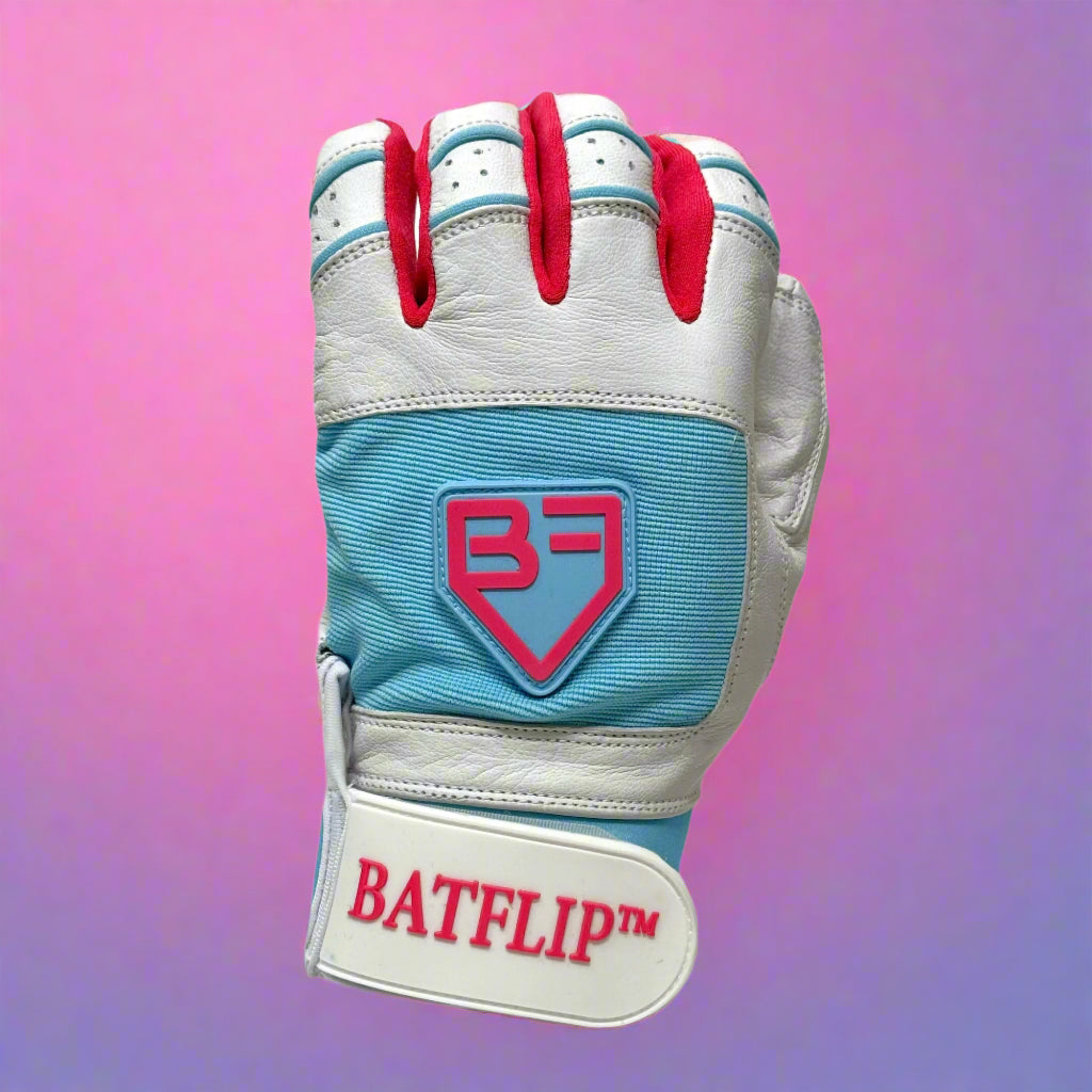 White and baby blue batting glove with pink accents and Batflip logo
