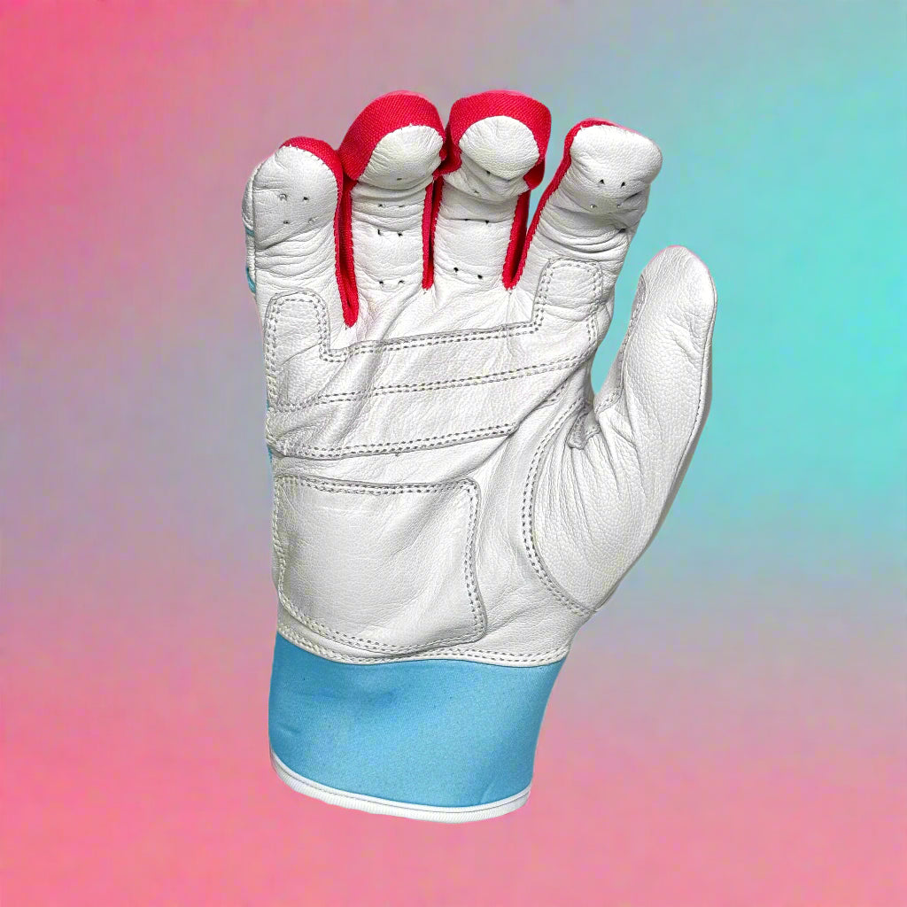 White and baby blue batting glove with pink accents and Batflip logo