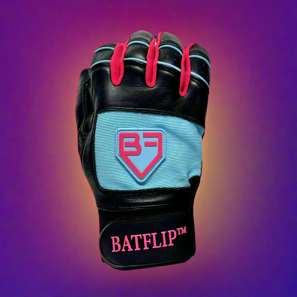 Black and baby blue glove with pink accents and BATFLIP branding