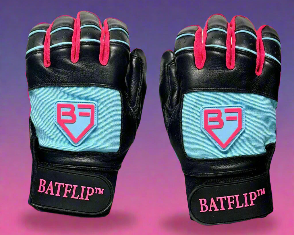 Black and baby blue glove with pink accents and BATFLIP branding