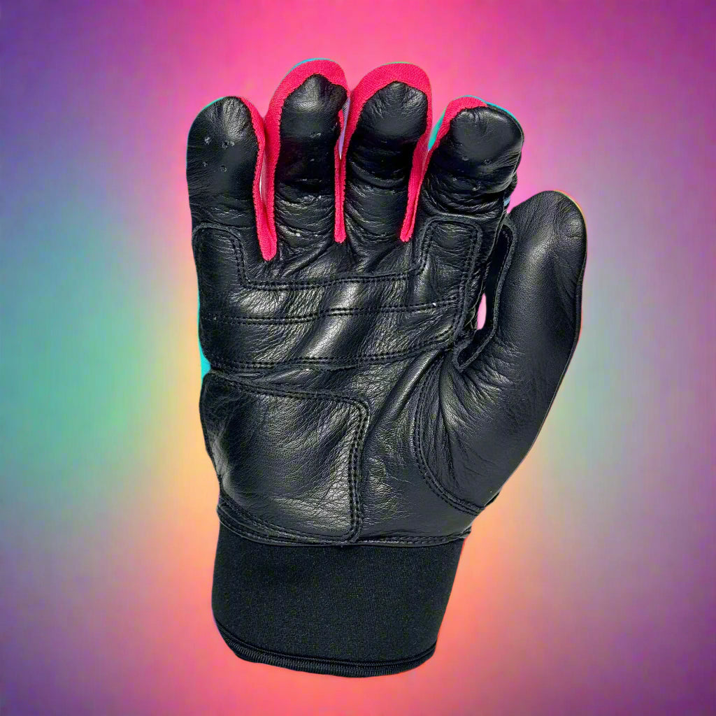 Black and baby blue glove with pink accents and BATFLIP branding