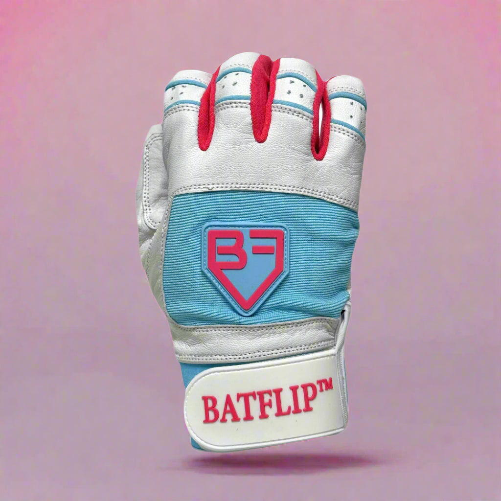 White and baby blue batting glove with pink accents and Batflip logo