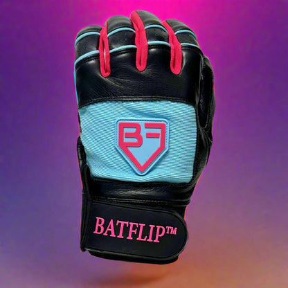 Black and baby blue glove with pink accents and BATFLIP branding