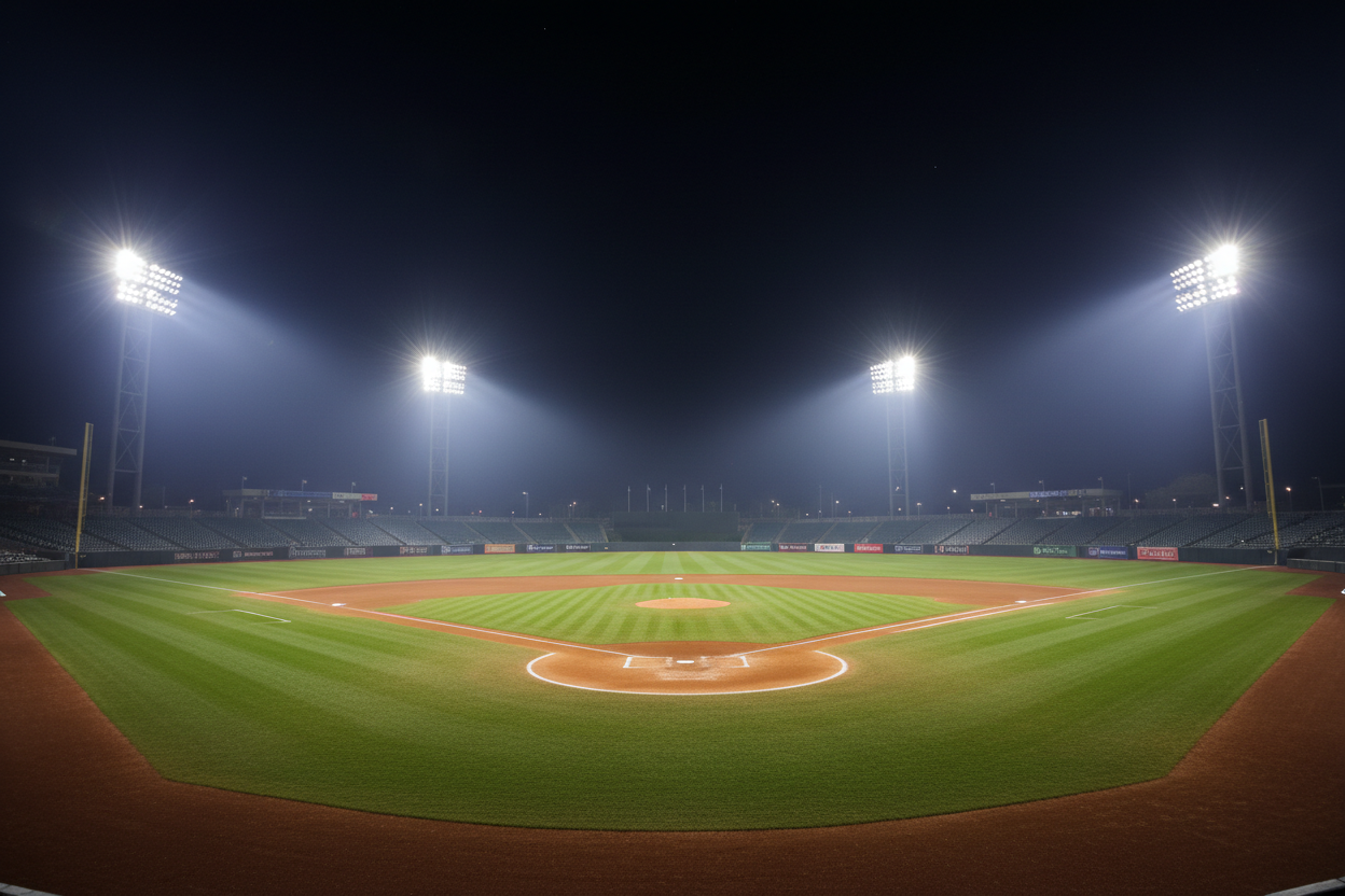 baseball field at night with lights on